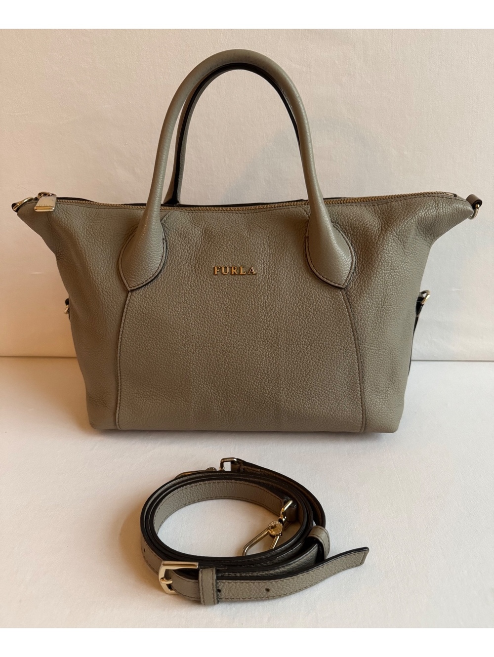 Furla Pebbled Leather Top Handle Satchel with Crossbody Strap – Gray Taupe